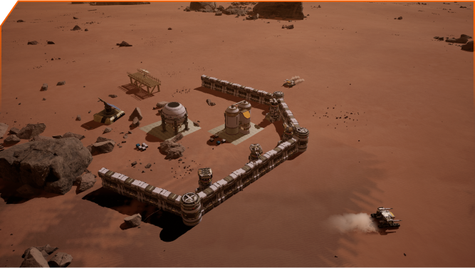 3D render of a Mars base with buildings and equipment on the Martian surface.